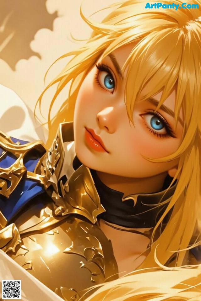 A woman with long blonde hair and blue eyes holding a sword.