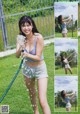 A woman in shorts and a tank top is holding a hose.