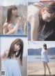 A collage of photos of a woman in a blue dress.